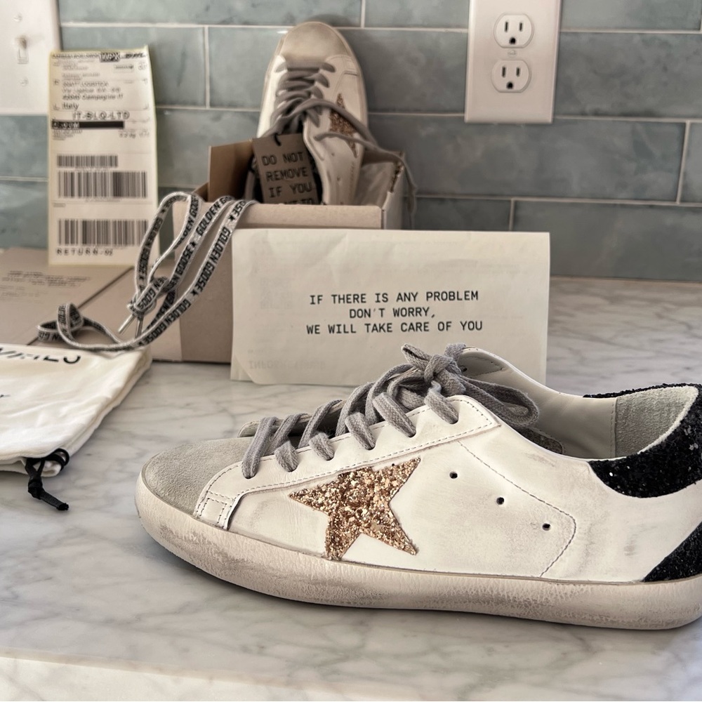 Golden Goose size 38 superstar white black gold new with tags